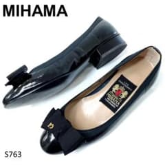 ミハマ リボン パンプス ラウンドトゥ ローヒール ブラック 21.5cm