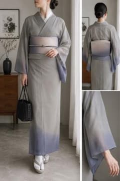 夏着物 手縫い グレージュ 青藤ぼかし 薄物 モダン 単衣 164cm 65cm 