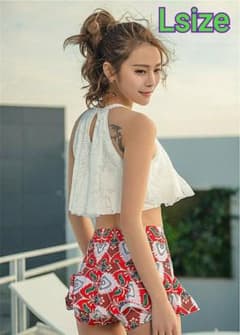 b16 여성 수영복 탄키니 하이 웨스트 레이스 체형 커버 화이트 × 레드 L