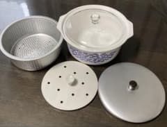 30年以上昔のセラミック蒸し器 青い葉模様 中型のサムネイル