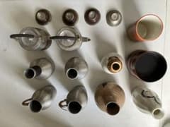 本錫製 刻印有　徳利・ちろり蓋つきセット ぐい呑　酒器 汚れほつれ有昭和骨董品凹のサムネイル
