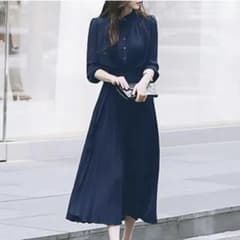 Mサイズ ネイビー プリーツ ワンピース ロングスタイル 長袖 レディース Mのサムネイル