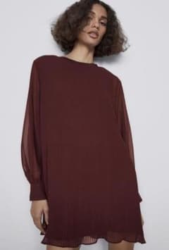 ZARA 長袖プリーツワンピース ボルドー Mサイズのサムネイル