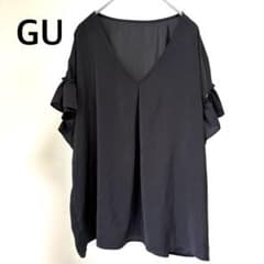 極美品 GU サテンラッフルブラウス フリルスリーブ　M Vネックレディース 黒のサムネイル