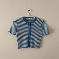 ZARA ボーダー 半袖カーディガン ブルーのサムネイル