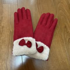 リボン付き ファー 手袋 レッドのサムネイル
