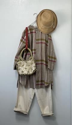 美品 パラスパレス 格子柄 ビッグチェック リネン チュニックシャツ