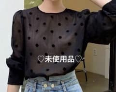 未使用ドット柄 シースルー 長袖 ブラウス ブラックバルーン袖シアー透け感黒Lのサムネイル