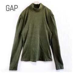 【ギャップ】リブTシャツ パフスリーブ モックネック 長袖 フェミニン カーキ