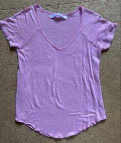 ZARA Basic リネン100% VネックTシャツ ピンク Mサイズのサムネイル