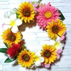 【ハンドメイド☆造花】ひまわり&ハイビスカス リース☆ピンク☆直径約30センチのサムネイル