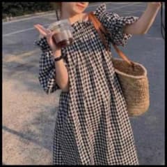 チェック　ワンピース　チュニック　ナチュラル　ぽわん袖　ワンショル　半袖　肩出し