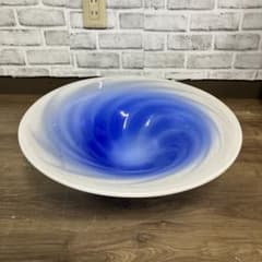 4F ガラス製 水盤 花器 藍色 白 マーブル 渦巻き 流麗 昭和レトロ 4F ガラス製 水盤 花器 藍色 白 マーブル 渦巻き 流麗 昭和レトロ