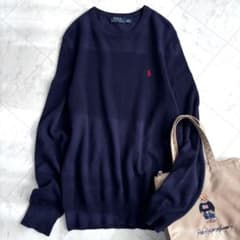 【ラルフローレン】クルーネックニット　ポニー刺繍　薄手　春　ウール　紺　Y2K ラルフローレン】クルーネックニット ポニー刺繍 薄手 春 ウール 紺