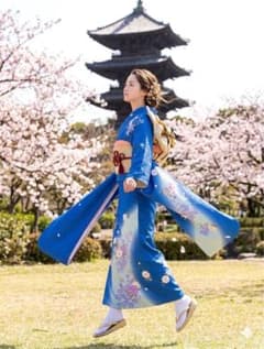 藍色地に小桜文様　金彩 着物のやまと謹製　正絹振袖 6点フルセット　トール ✨【名品】サファイアブルー 正絹振袖 桜 金彩 トールサイズ 成人式 前