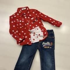 ダブル.B 赤 星柄 シャツ デニム セット 90 美品 ミキハウス ベア