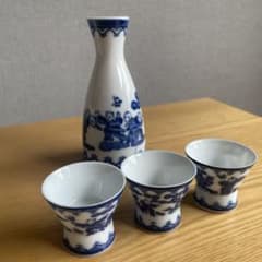 唐子絵 染付 酒器セット 徳利1本 お猪口3客 「松山」銘 昭和レトロ