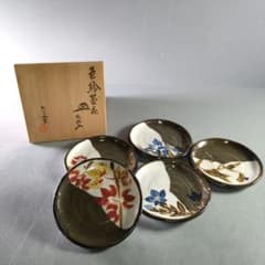 A960-8/清水焼/六兵衛窯/清六 造/色絵絵変茶花銘々皿5客/向付/菓子皿