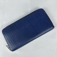 美品 LOEWE レザー 長財布 ラウンドファスナー リネン アナグラム 紺色