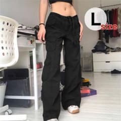 L ブラック ワイドパンツ レディース ロング丈 無地 オーバーサイズ ポケット