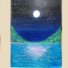 夜の湖と満月を描いたアクリル画作品のサムネイル