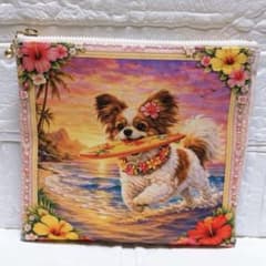 フラットポーチ ハンドメイド 犬柄 ハワイの海で！ パピヨン 両面