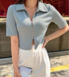 SHEIN リブニット ジッパーアップ フロントカーディガン ライトブルーのサムネイル