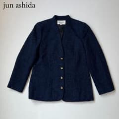 jun ashida - ジュンアシダ ノーカラージャケット アウター ボーダー柄 レディース 9サイズ 紺×白 jun ashida 美品 jun ashida ジュンアシダ ノーカラージャケット ネイビー 9