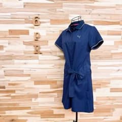 【プーマ】軽量 ゴルフ ラメ糸 ポロシャツ ワンピース 刺繍ロゴ L 紺×銀 プーマ】軽量 ゴルフ ラメ糸 ポロシャツ ワンピース 刺繍ロゴ L 紺×銀