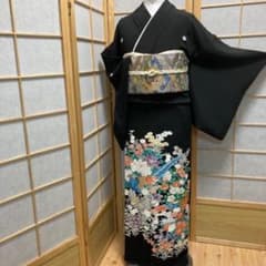 ［7202］［6451］黒留袖 鏡裏面鳳凰 金彩 比翼付 五つ紋五三桐正絹着物袷 2894］黒留袖 美品 草花鳥 比翼付 落款有 五つ紋 五三桐 正絹 着物 袷