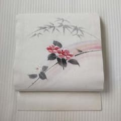 【夏名古屋帯】手描きの夏椿が咲く｜ラメ輝く白地の涼やか帯 Obi/Vintage 夏名古屋帯】手描きの夏椿が咲く｜ラメ輝く白地の涼やか帯 Obi/Vintage