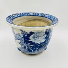 830『志野 花文 三ッ足鉢』　/骨董品 古美術 アンティーク 古玩 瀬戸焼 三足草花文様植木鉢 染付 盆栽 時代物 蘭鉢】骨董 アンティーク