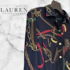 LAUREN RalphLaurenジャージー素材ブラウスチェーン馬具スカーフ柄 