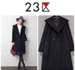 23区 大きめ ウールアンゴラビーバーフーデットコート 40 ネイビー