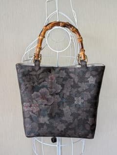 ハンドメイド　大島紬　バンブートート　花柄　リメイクのサムネイル