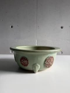 明治大正 尾張 瀬戸焼 青磁 珊瑚文 三足 蘭鉢 植木鉢 27cm 古鉢 時代物のサムネイル