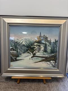 真田重吉画伯『春雪』雪山と城の油彩画 F10 日本画府常任理事　安中文化会会長 真田重吉画伯『春雪』雪山と城の油彩画 F10 日本画府常任理事 安中文化