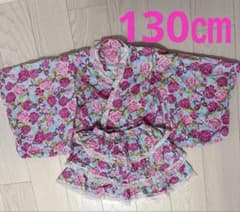 130サイズ　浴衣ドレス 甚平　ピンク　バラ柄　帯2色のサムネイル