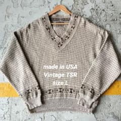 L Vintage USA製 チルデンニット Vネック セーター ベージュ 古着 