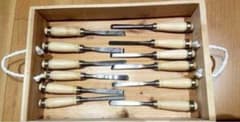 Violin and string instrument making, woodworking, chisel set of 12, antique style, workshop.