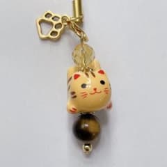 天然石ストラップ・チャーム　シトリン×タイガーアイ　猫ちゃんストラップのサムネイル