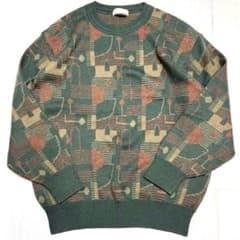 90s ウールカシミヤ 総柄ニット デザインニット グリーン 菅田将暉 古着のサムネイル
