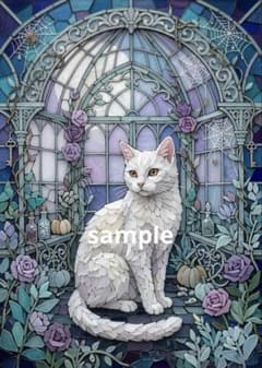 シーグラスアート風 イラストインテリア雑貨 癒し ヒーリング 2L判猫 花