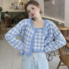 GRL チェック柄ショート丈カーディガンXキャミソールニットアンサンブル