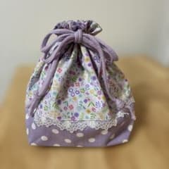 ハンドメイド 巾着袋 花柄 ドット レースのサムネイル