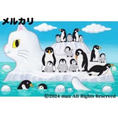原画「猫の背中に何かある〜南極大陸 ペンギン」猫/白猫/イラスト/アート/絵画