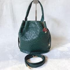 JRA認定 美品 オーストリッチ 2way 巾着 ショルダーバッグ グリーン