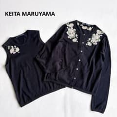 希少☆ケイタマルヤマ 桜刺繍 アンサンブル カーディガン 綿ニット 黒 