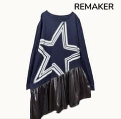 RMK｜七分袖Tシャツ　ロンTチュニック【ネイビー｜星スター　古着リメイクのサムネイル