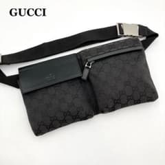 天下布武✨ GUCCI ボディバッグ GGキャンバス レザー 黒 ポケット 天下布武様専用✨ GUCCI ボディバッグ GGキャンバス レザー 黒